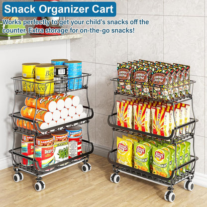 OKZEST 3-Tier Rolling Pantry Floor Organizer and Storage Cart with Wheels, Stackable Wire Pantry Baskets for Pantry Shelves, Kitchen Storage Rack and Fruit Basket Stand for Fruit Snack Onion Potato