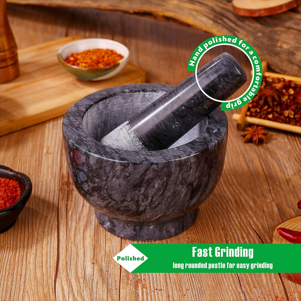 Mortar and Pestle Set Polished Natural Marble Guacamole Molcajete Bowl, Spices Grinder with Silicone Pad, Stainless Steel Spoon and Brush, 300ml Capacity Crusher(Medium, Dark Gray)