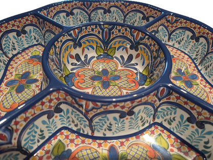 Melamine Plastic Serving Tray with 5 Compartments, Spanish Style Medallion, 15x15x2.5 Inches, for Chips and Dip
