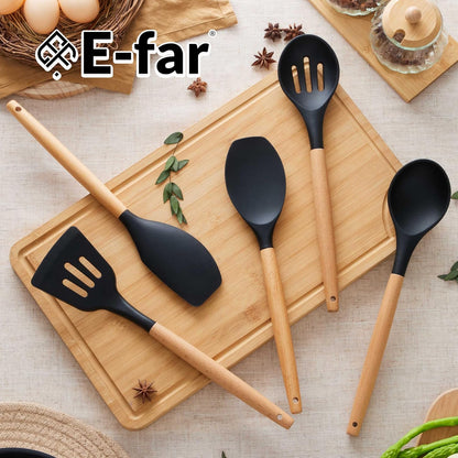 E-far Silicone Cooking Utensils Set, 5-Piece Kitchen Utensils Set with Wooden Handle for Cooking, Silicone Kitchen Nonstick Tools Spatula Turner Slotted Spoons, Nontoxic & Heat Resistant-Khaki