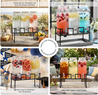 Circleware Triple Chalkboard Beverage Dispensers with Metal Stand & Spigot, Glassware for Water, Iced Tea, Punch, Cold Drinks, 3-80 oz Mason Jars, Copper, Gold, Silver