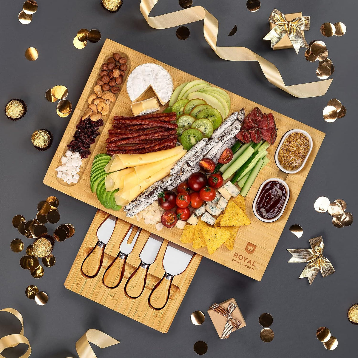 ROYAL CRAFT WOOD Premium Bamboo Charcuterie Board Set - Cheese Platter & Serving Tray & Serving Utensils - Perfect Housewarming Gift, Wedding, Bridal Shower Gift - Ideal for Entertaining and New Home
