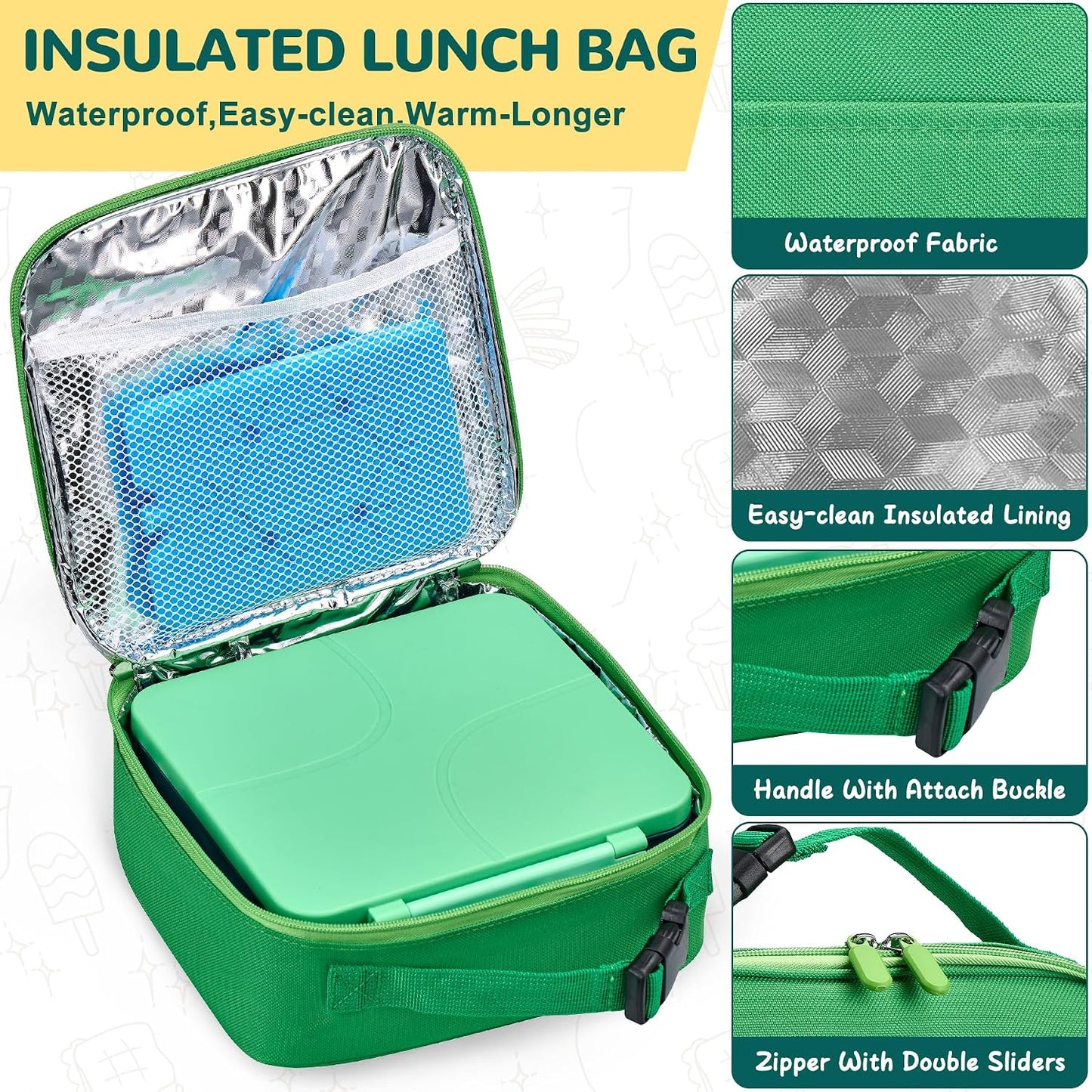 MAXSO Bento Lunch Box Set with 8 oz Soup Thermo, Kids Leakproof 4 Compartments Hot Food Container with Sauce Cup, Ice Pack and Lunch Bag, Child Insulated Food Jar for School - Black