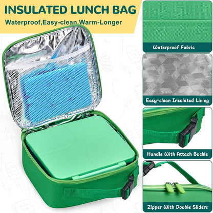 MAXSO Bento Lunch Box Set with 8 oz Soup Thermo, Kids Leakproof 4 Compartments Hot Food Container with Sauce Cup, Ice Pack and Lunch Bag, Child Insulated Food Jar for School - Black
