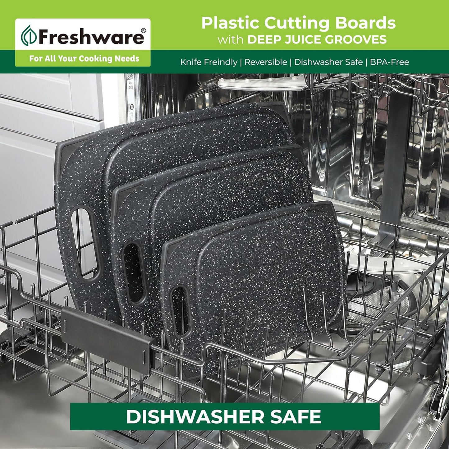 Freshware Cutting Boards for Kitchen, Chopping Board 3-Pack with Different Sizes, Juice Grooves and Non Slip Handles - Reversible, Large Cutting Board Set - Dishwasher Safe - Gray