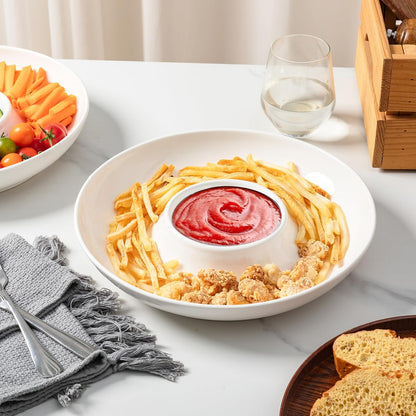LEHAHA 12.25 inch porcelain Chip and Dip Serving Set, Ceramic Platters for Cheese, Appetizers &Chips Salsa, Fruit and Veggies, Divided Serving Trays for Family Gathering and Parties, Dark Creamy