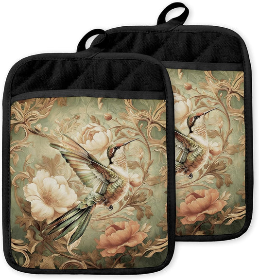Floral Hummingbird Pot Holders for Kitchen Set of 2