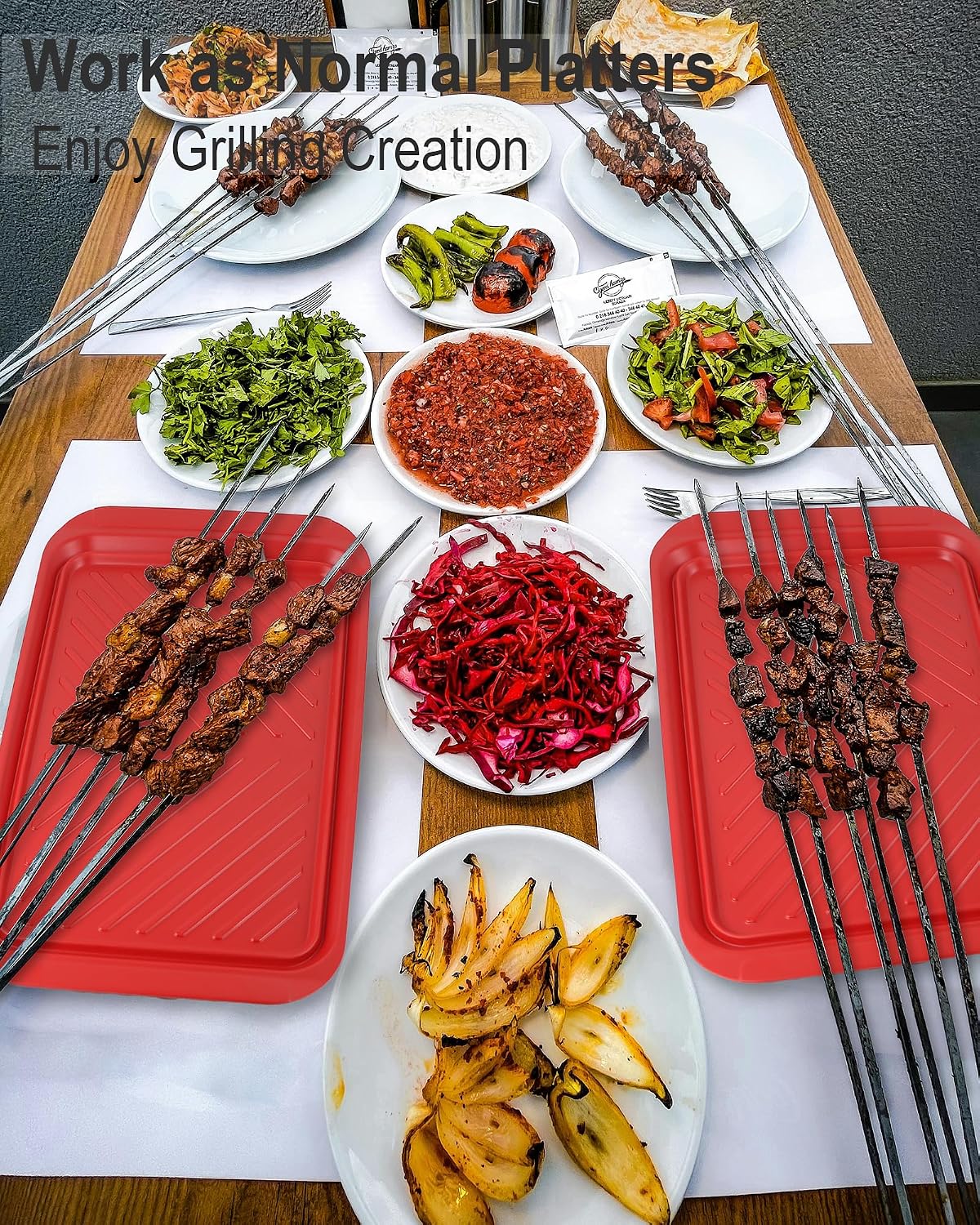 KAQAHIDO Grilling Prep and Serve Trays, BBQ Platter for Raw Meat Marinating and Finished Cooked Food, Melamine Serving Tray, Set of 2, Cleaning Pack Included