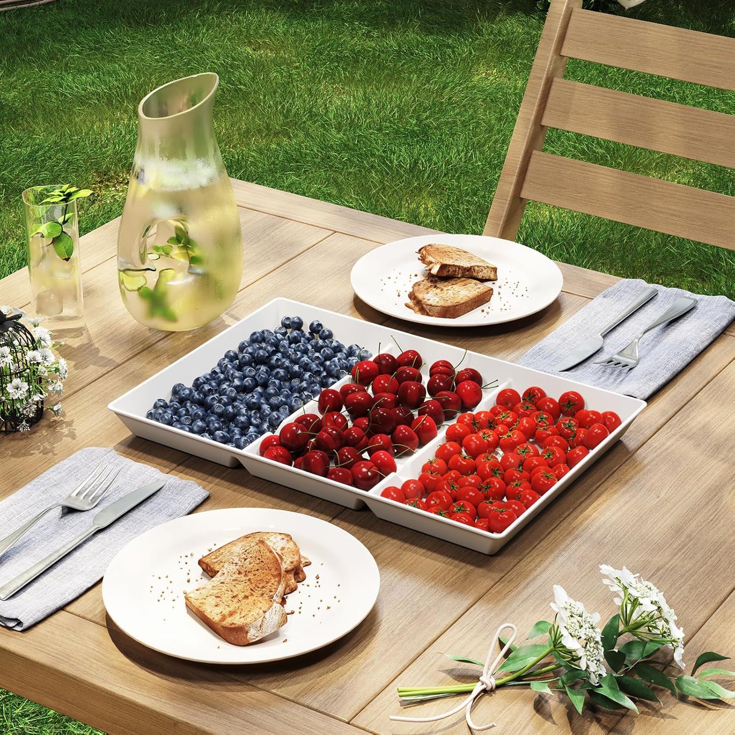 Lifewit Serving Tray Divided for Party Supplies, 4 PCS 15" x 10" Plastic Platters for Serving Food, White Reusable Tray for Veggie, Snack, Fruit, Cookies, Desserts in Kitchen/Pantry
