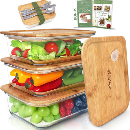 Glass Meal Prep Containers with Bamboo Lids (3 Pack) - 100% Plastic Free, Eco-Friendly Lunch Containers, Bamboo Lid Storage Container Set - Microwave Safe Glass Food Storage Container Set