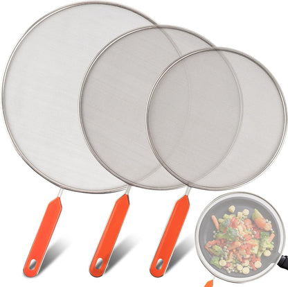 Roe & Moe Splatter Screens - Stainless Steel Splatter Screens for Frying Pan with Insulated Handles - Grease Splatter Guards For Frying Pan that Lets You Create Masterpieces with Ease (Pack of 3)