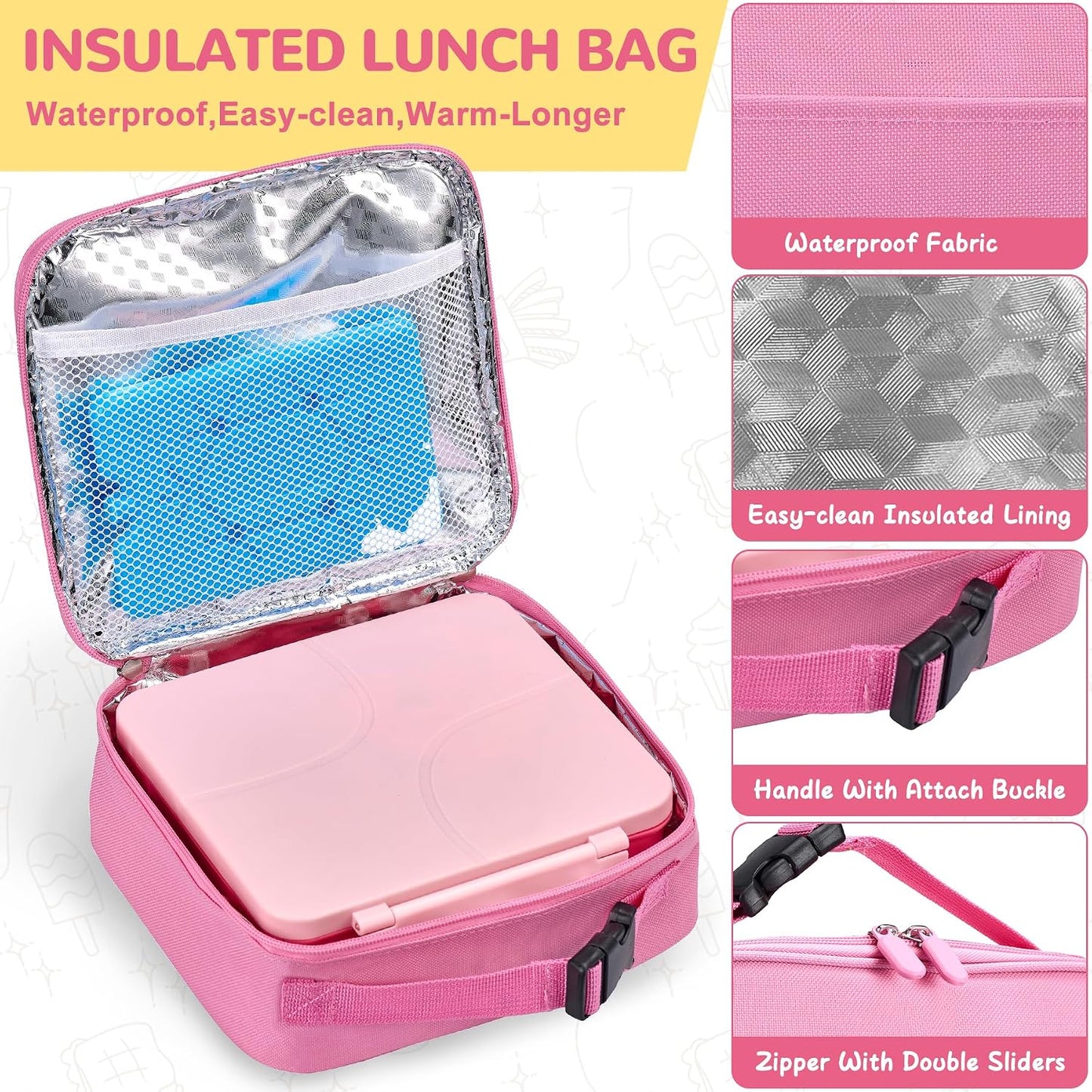 MAXSO Bento Lunch Box Set with 8 oz Soup Thermo, Kids Leakproof 4 Compartments Hot Food Container with Sauce Cup, Ice Pack and Lunch Bag, Child Insulated Food Jar for School - Black