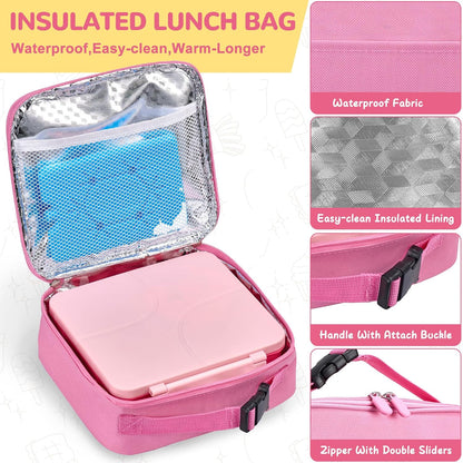 MAXSO Bento Lunch Box Set with 8 oz Soup Thermo, Kids Leakproof 4 Compartments Hot Food Container with Sauce Cup, Ice Pack and Lunch Bag, Child Insulated Food Jar for School - Black