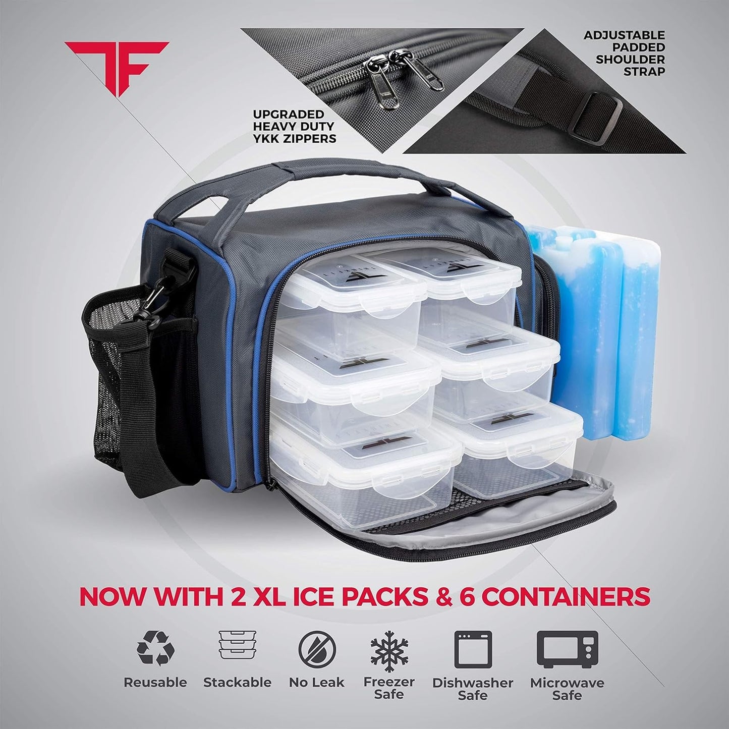 ThinkFit Insulated Meal Prep Lunch Box with 6 BPA-Free, Reusable, Microwavable, Freezer Safe Food Portion-Control Containers, Shaker Cup, Pill Organizer, Lunch Bag with Storage Pocket - (Black)