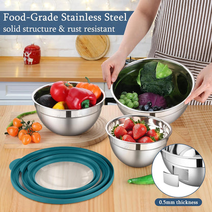 LIANYU Mixing Bowls with Airtight Lids Sets, 3 Packs Stainless Steel Metal Mixing Bowls, Ideal for Prepping, Cooking, Storage, Serving, Freezer & Dishwasher Safe, Khaki