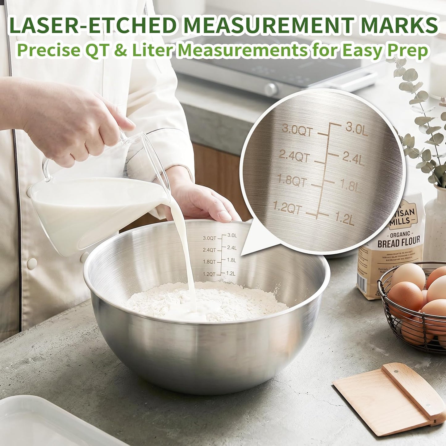 304 Stainless Steel Mixing Bowls Set of 5, 1.1/1.6/1.9/2.5/3.5 QT Food Grade Metal Bowls with Measurement Marks, Dishwasher Safe & Stackable Nesting for Baking, Salads, Meal Prep, RV & Camping