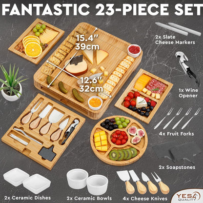 Charcuterie Boards Cheese Board Premium Gift Set - 23 Pieces, Bamboo - Large Size Plus Fruit Tray with Utensil Drawer, Knives, Forks, Wine Opener for Birthday Present, Housewarming, Wedding Shower