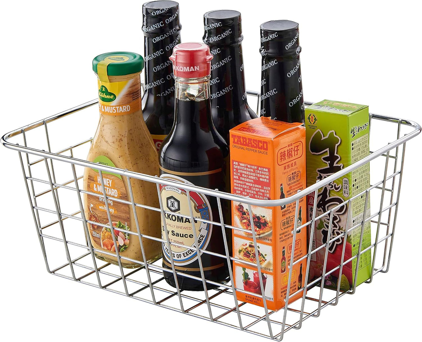 JUNCHU CHERRY Wire Kitchen Storage Basket 4 Packs,Perfect Pantry Organization Accessories Baskets,Laundry Basket,Countertop Organization,Suitable for Kitchen,Bathroom,Bedroom,Tabletop,Stackable,Chrome