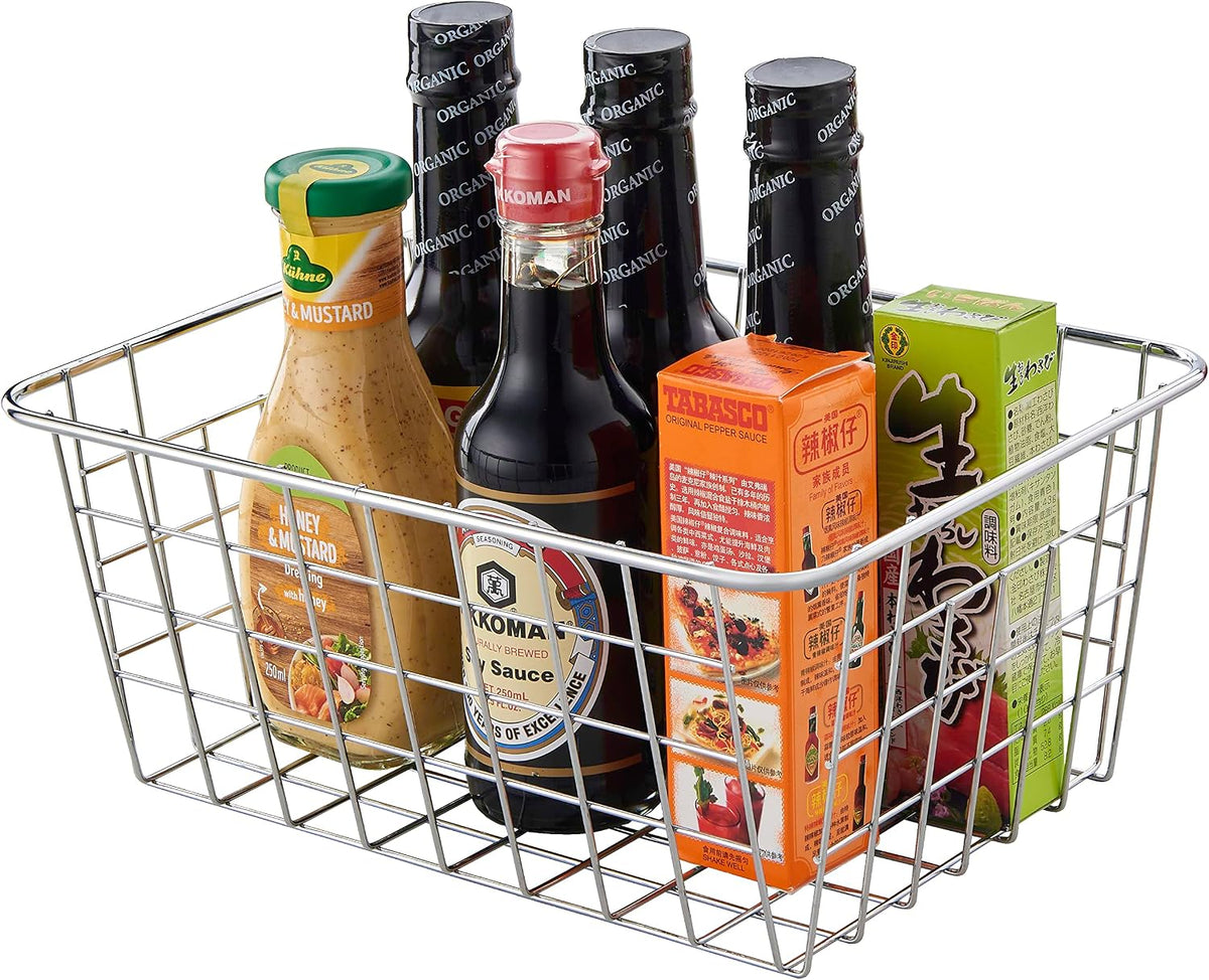 JUNCHU CHERRY Wire Kitchen Storage Basket 4 Packs,Perfect Pantry Organization Accessories Baskets,Laundry Basket,Countertop Organization,Suitable for Kitchen,Bathroom,Bedroom,Tabletop,Stackable,Chrome