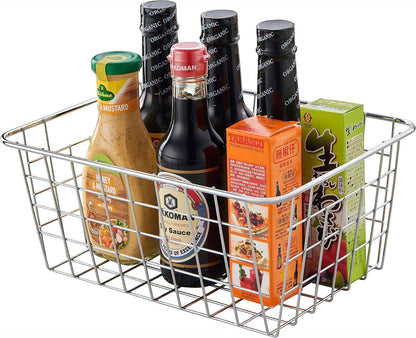 JUNCHU CHERRY Wire Kitchen Storage Basket 4 Packs,Perfect Pantry Organization Accessories Baskets,Laundry Basket,Countertop Organization,Suitable for Kitchen,Bathroom,Bedroom,Tabletop,Stackable,Chrome