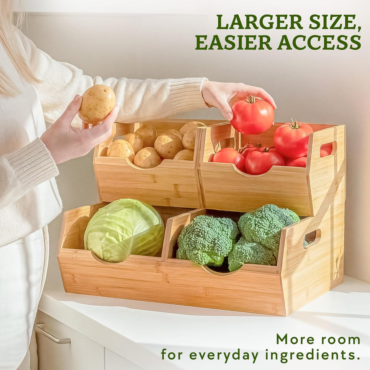 HOMESTEAD 3-Tier Bamboo Pantry Storage Bins – Stackable Potato & Onion Storage Bin with Handles, Fruit Basket & Produce Organizer for Kitchen Countertop, Pantry Organization, Set of 5