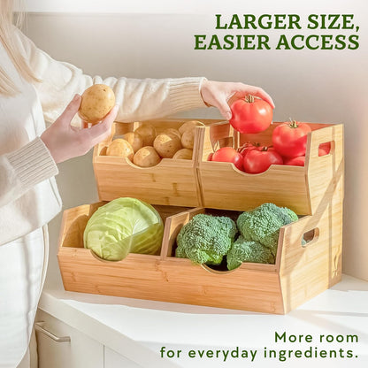 HOMESTEAD 3-Tier Bamboo Pantry Storage Bins – Stackable Potato & Onion Storage Bin with Handles, Fruit Basket & Produce Organizer for Kitchen Countertop, Pantry Organization, Set of 5