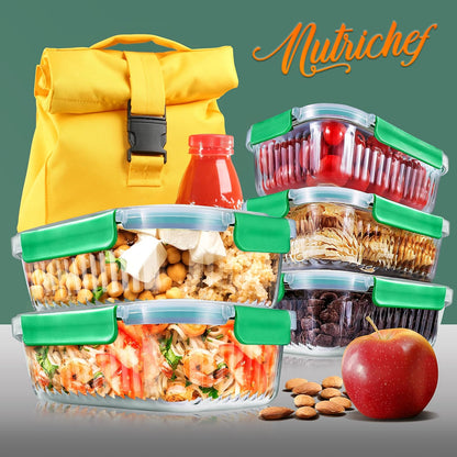 NutriChef 10 Piece Glass Food Storage Containers with Lids – 30 oz Meal Prep Containers Reusable – Airtight Glass Lunch Containers for Food Storage – Freezer to Oven Safe - Gray