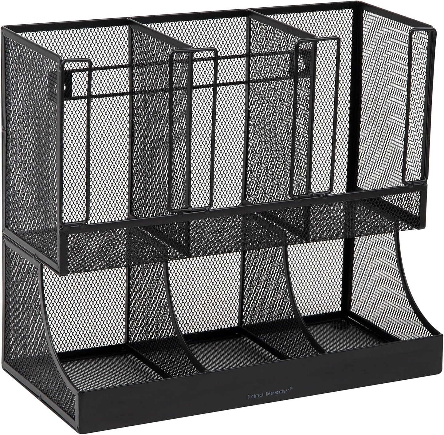 Mind Reader Cup and Condiment Station, 13 Inch Countertop Coffee Bar Organizer with 6 Compartments, Storage Caddy for Cups, Lids and Packets, Plastic, Black