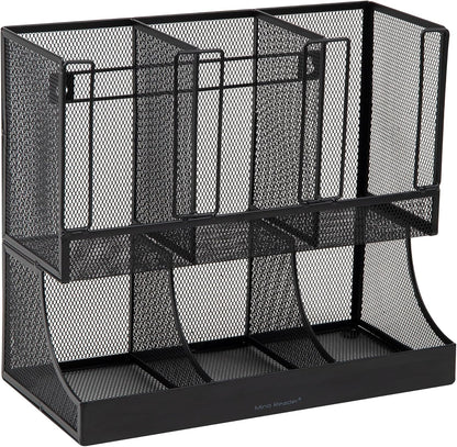 Mind Reader Cup and Condiment Station, 13 Inch Countertop Coffee Bar Organizer with 6 Compartments, Storage Caddy for Cups, Lids and Packets, Plastic, Black