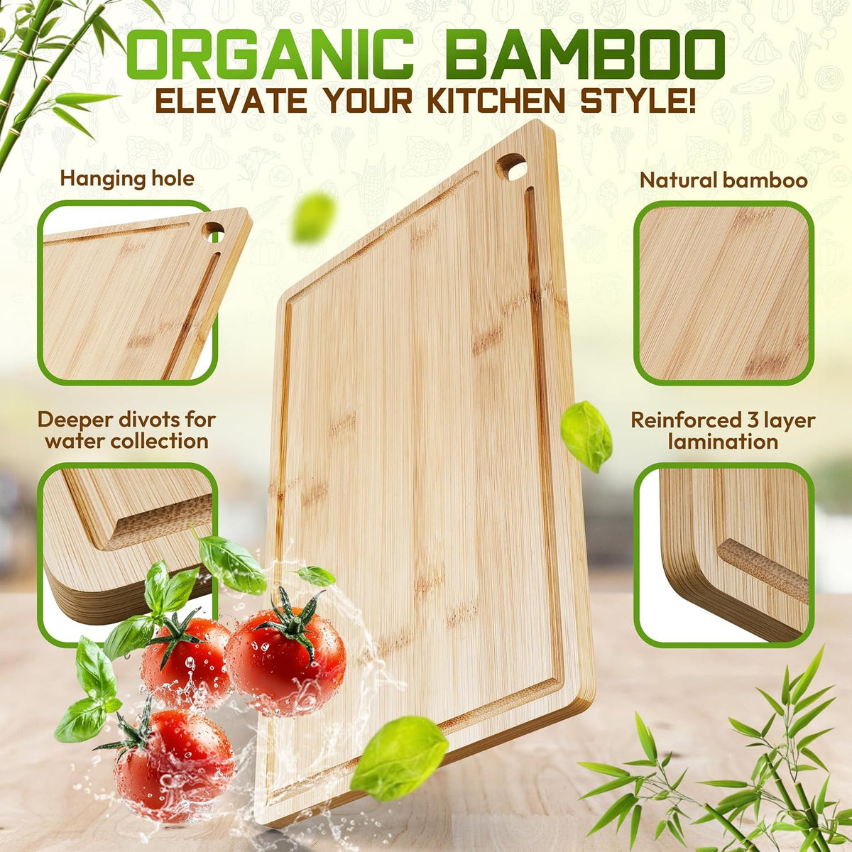 Bamboo Cutting Board Set of 3 (15x10, 12x9, 9x6) – Extra-Thick, Deep Juice Groove Wood Cutting Boards – Knife-Friendly for Kitchen Prep, Carving & Charcuterie – Easy to Clean