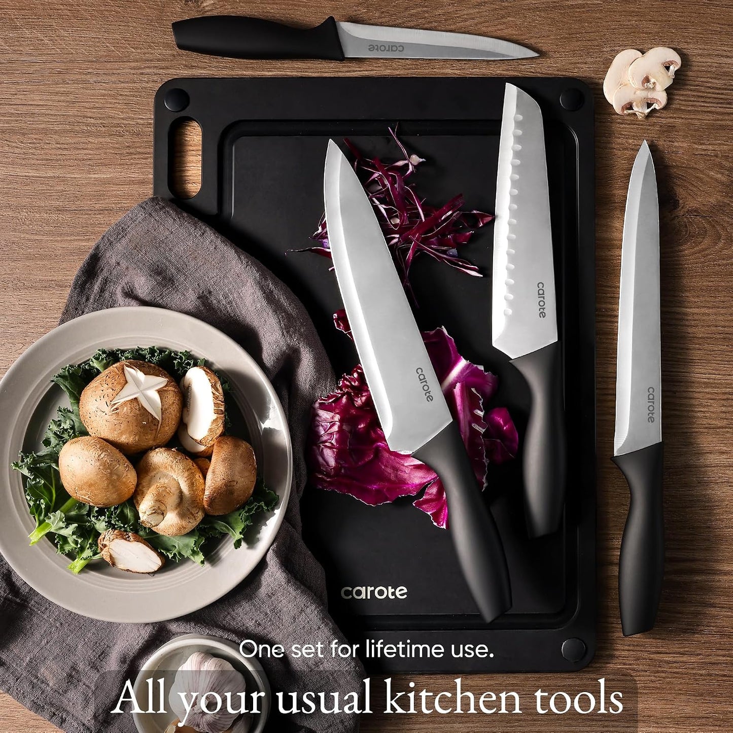 CAROTE Knife Set, 11 Pcs Kitchen Knives with 5 Blade Guards & Non-Slip Cutting Board, Rustproof Stainless Steel 5 Kitchen Knife Set, Plain Black