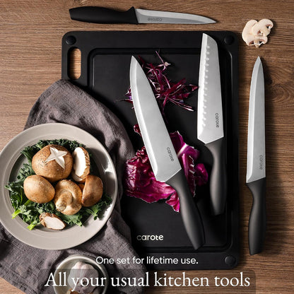 CAROTE Knife Set, 11 Pcs Kitchen Knives with 5 Blade Guards & Non-Slip Cutting Board, Rustproof Stainless Steel 5 Kitchen Knife Set, Plain Black
