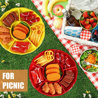 Rtteri 12 Pcs Plastic Divided Serving Trays 12 Inch Round Chip Dip Plate 6 Sectional Snacks Serving Dish Food Platters for Party Candy Nuts Fruits Veggies(Colorful)