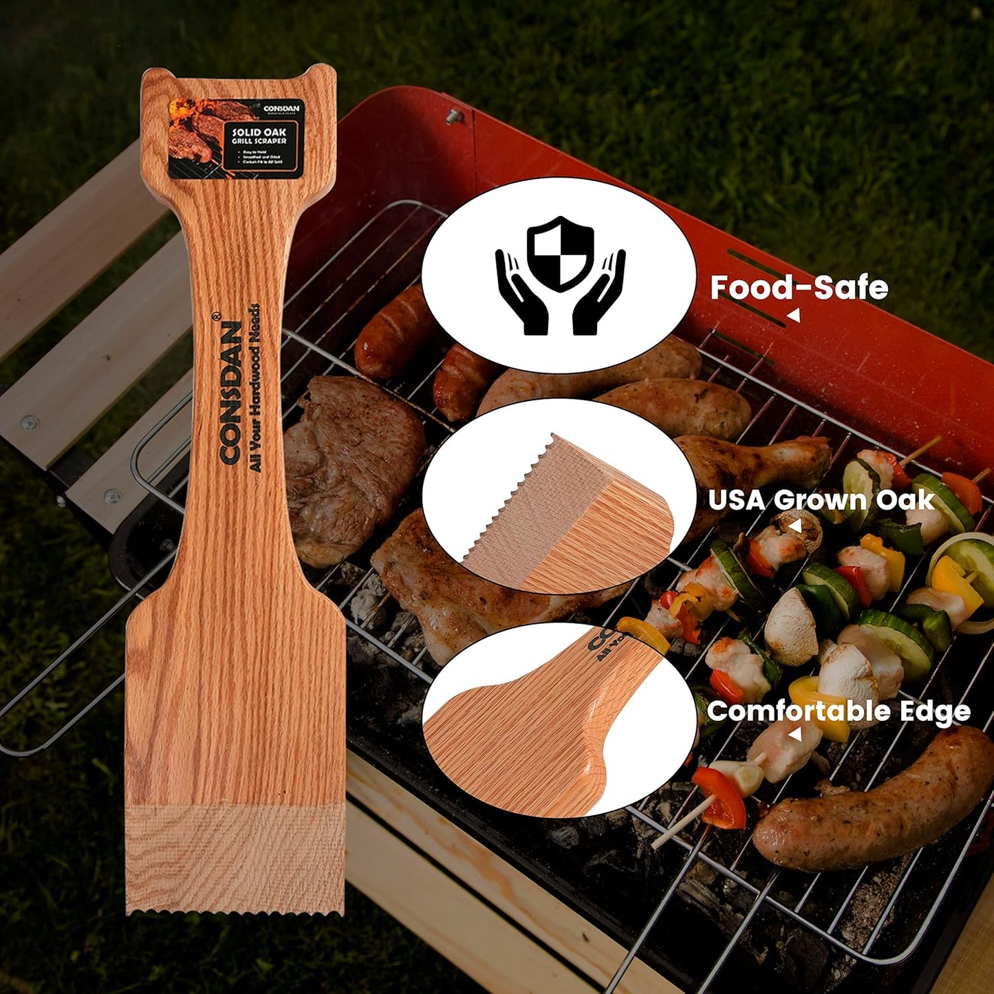 CONSDAN Wood Grill Scraper, Soild Oak Wooden Grill Brush, Grill Scraper for Outdoor Grill, Bristle Free Grill Scrapers, Grill Grate Cleaner Safe Wood Grill Brusher