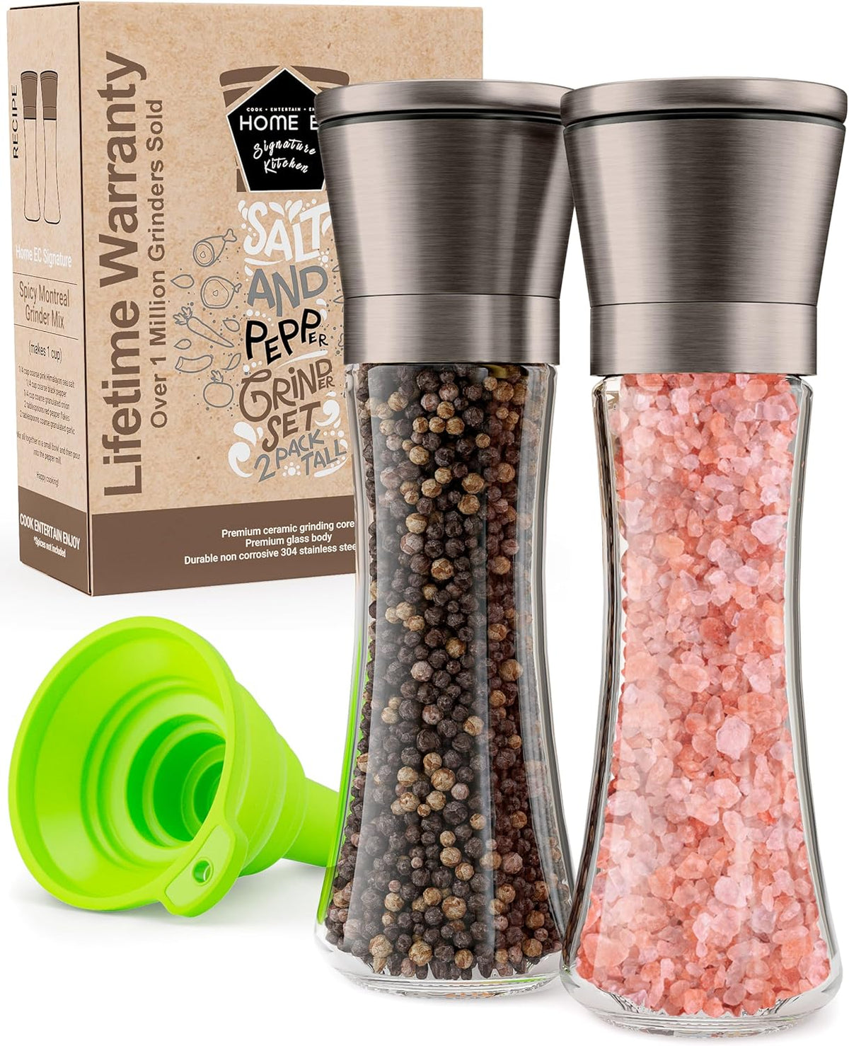 Home EC Premium Stainless Steel Sea Salt and Pepper Grinder Set of 2 - Adjustable Ceramic - Tall Glass Salt and Pepper Shakers - Kitchen Spice Mill W/Funnel & EBook