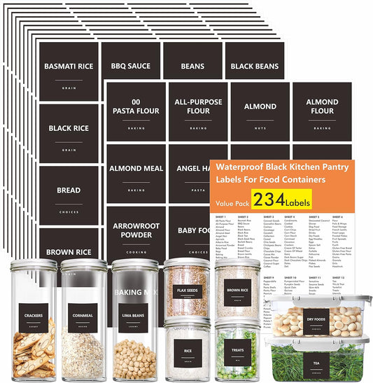 Hebayy 308 Pantry Food Labels, 280 Preprinted Flour Pasta Lentil Grain Condiment Oil Stickers, 28 Blank Ones, Waterproof Oil&Tear Resistant, No Residue for Kitchen Containers Jars(White on Black)