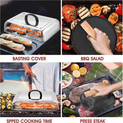 HaSteeL 13 x 9.75In Melting Dome & 8 x 4In Burger Press, Rectangular Basting Steam Cover with Bacon Press, Metal Griddle Accessories for Flat Top Teppanyaki Hibachi Grilling Cooking BBQ, Easy to Clean