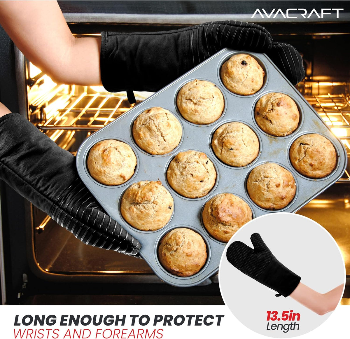 AVACRAFT Oven Mitts Pair, Flexible, 100% Cotton with Unique Heat Resistant Food Grade Silicone, Thick Terry Cloth Interior, 500 F Heat Resistant (Red Oven Mitts)