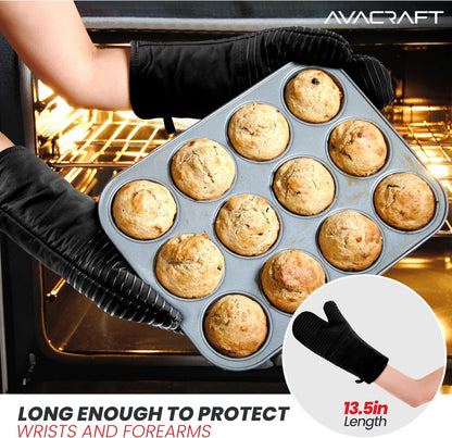 AVACRAFT Oven Mitts Pair, Flexible, 100% Cotton with Unique Heat Resistant Food Grade Silicone, Thick Terry Cloth Interior, 500 F Heat Resistant (Red Oven Mitts)