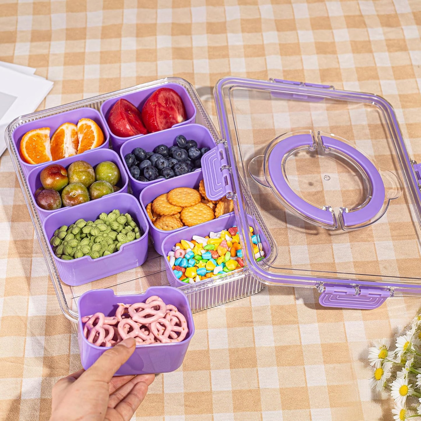Patent Divided Serving Tray with Lid & Handle - Snackle Box Organizer for Charcuterie, Sandwiches, Veggies, Fruits, Candy - Portable Food Storage for Travel, Beach, Picnics（1 pcs, Orange）