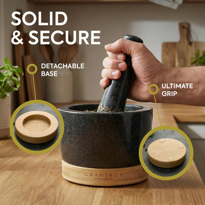 Gramercy Granite Mortar and Pestle Set, Stone Grinder Bowl with Bamboo Base