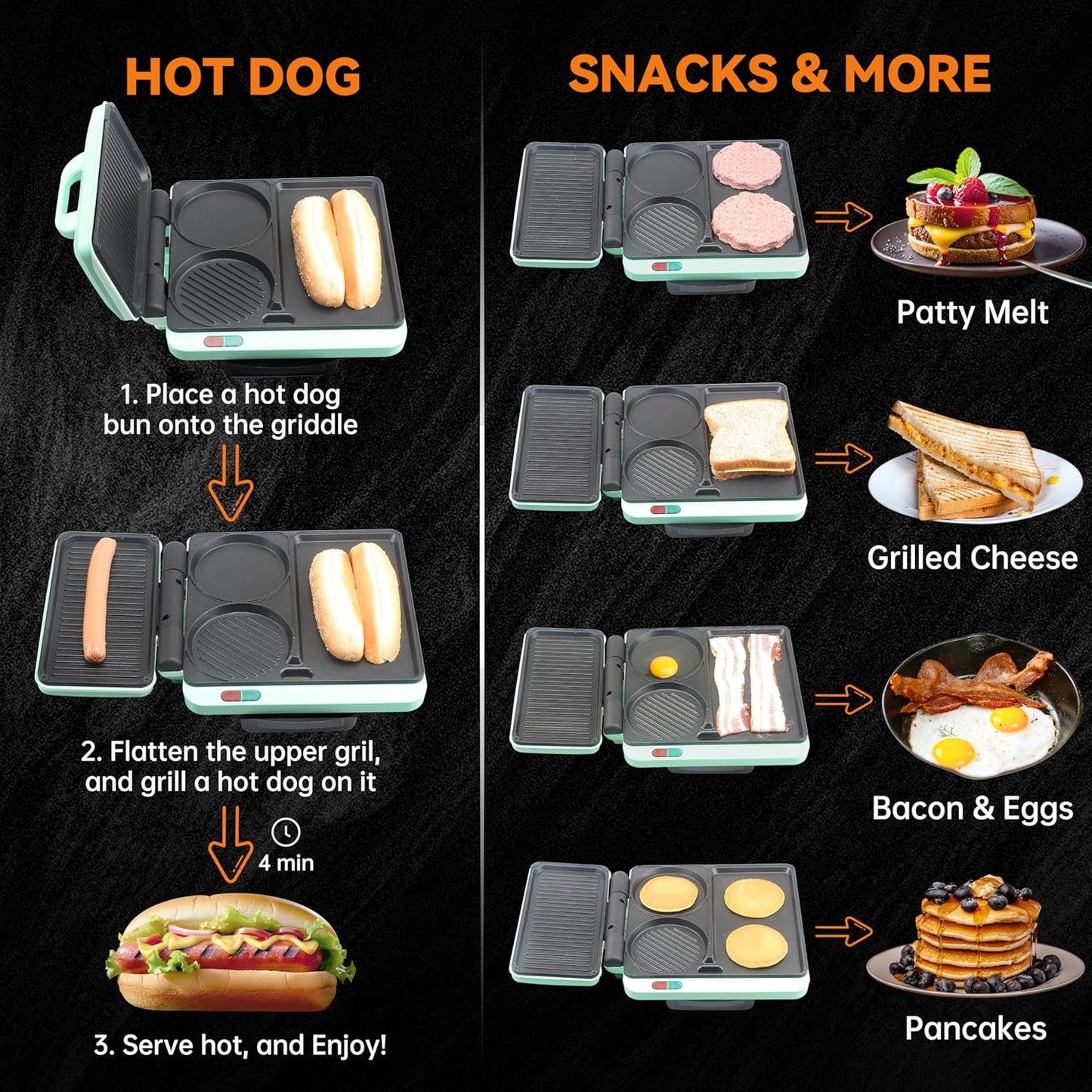 Baker's Friend Breakfast Sandwich Maker, Nonstick Electric Griddle & Grill Combo, 3 in 1 Breakfast Station, Make Egg Muffin Sandwiches Burgers Hot dogs & Pancakes, Includes Burger Press, Tong & Brush