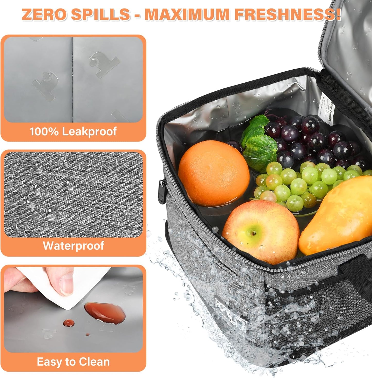 Tirrinia Insulated Lunch Box for Men/Women, Leakproof Lunch Bag for School Work, Large Lunch Tote Kids Boys Girls Student Back to School, Soft Cooler Office Picnic Beach Camping for Adults, Charcoal