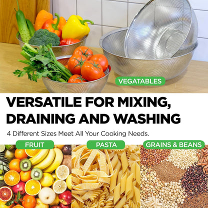 Premium 18/8 304 Stainless Steel Micro-Perforated Small and Big Colander Set of 4 with rings - 3.5-5.5-7.5-9.5 Quart Set, Self-Draining Solid Base for Pasta, Fruits, Vegetables