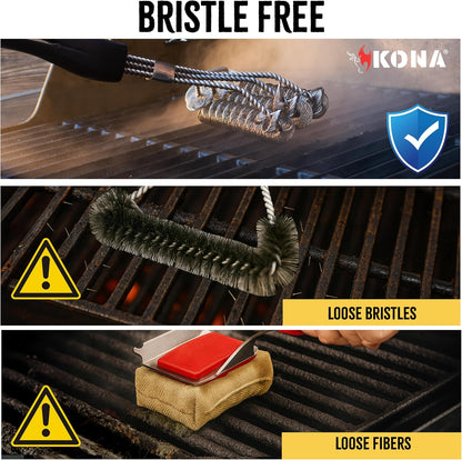Kona Safe/Clean Grill Brush - Bristle Free BBQ Grill Brush for Outdoor Grill- 100% Rust Resistant Stainless Steel Barbecue Grill Cleaner - Safe for Porcelain, Ceramic, Steel, Cast Iron, Grilling Gift