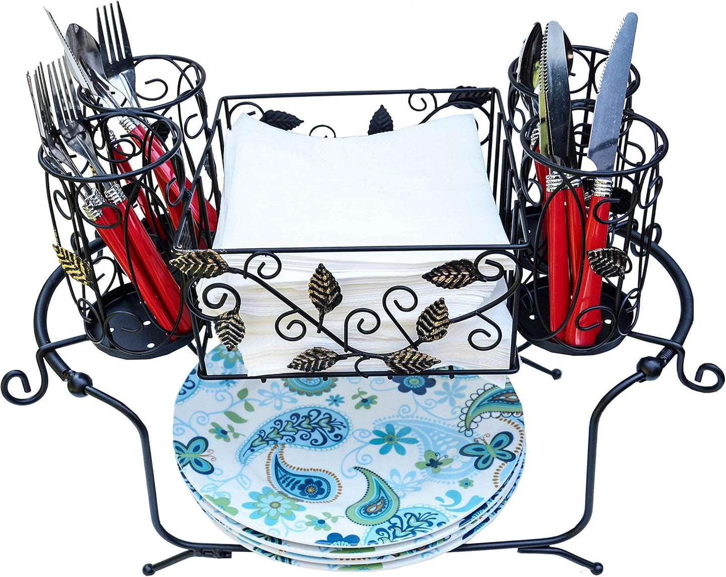 Portable Utensil Caddy for Parties, Elegant Leaf Design Buffet & Silverware Organizer with Napkin Holder, Stainless Steel Plate Storage Caddy for Camping, BBQ & Outdoor Dining
