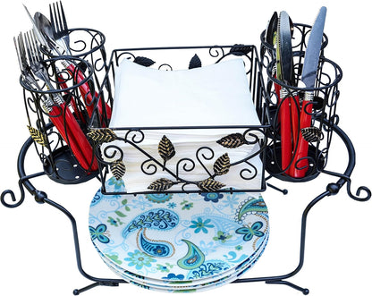 Portable Utensil Caddy for Parties, Elegant Leaf Design Buffet & Silverware Organizer with Napkin Holder, Stainless Steel Plate Storage Caddy for Camping, BBQ & Outdoor Dining