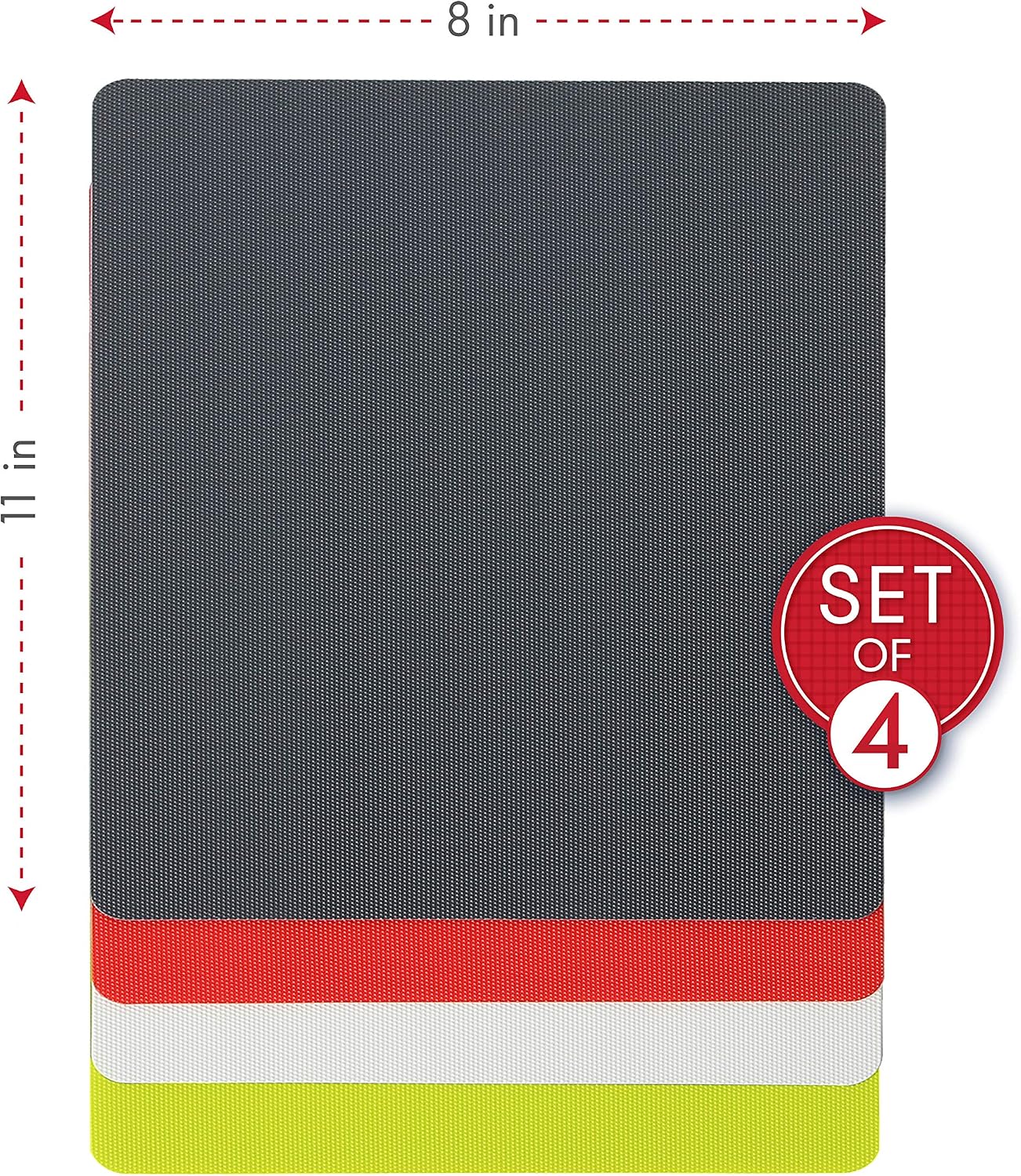 Dexas Heavy Duty Cutting Board Grippmat, Flexible Cutting Boards for Kitchen, Set of 4, Non Slip Plastic Board Cutting Mat 11.5 by 14 Inches Gray, Red, White and Green Set, Kitchen Gadgets