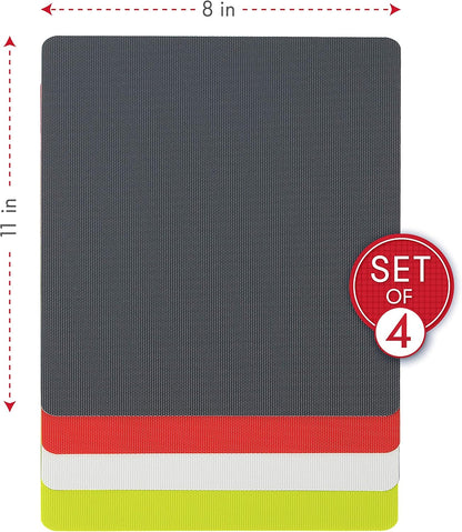 Dexas Heavy Duty Cutting Board Grippmat, Flexible Cutting Boards for Kitchen, Set of 4, Non Slip Plastic Board Cutting Mat 11.5 by 14 Inches Gray, Red, White and Green Set, Kitchen Gadgets