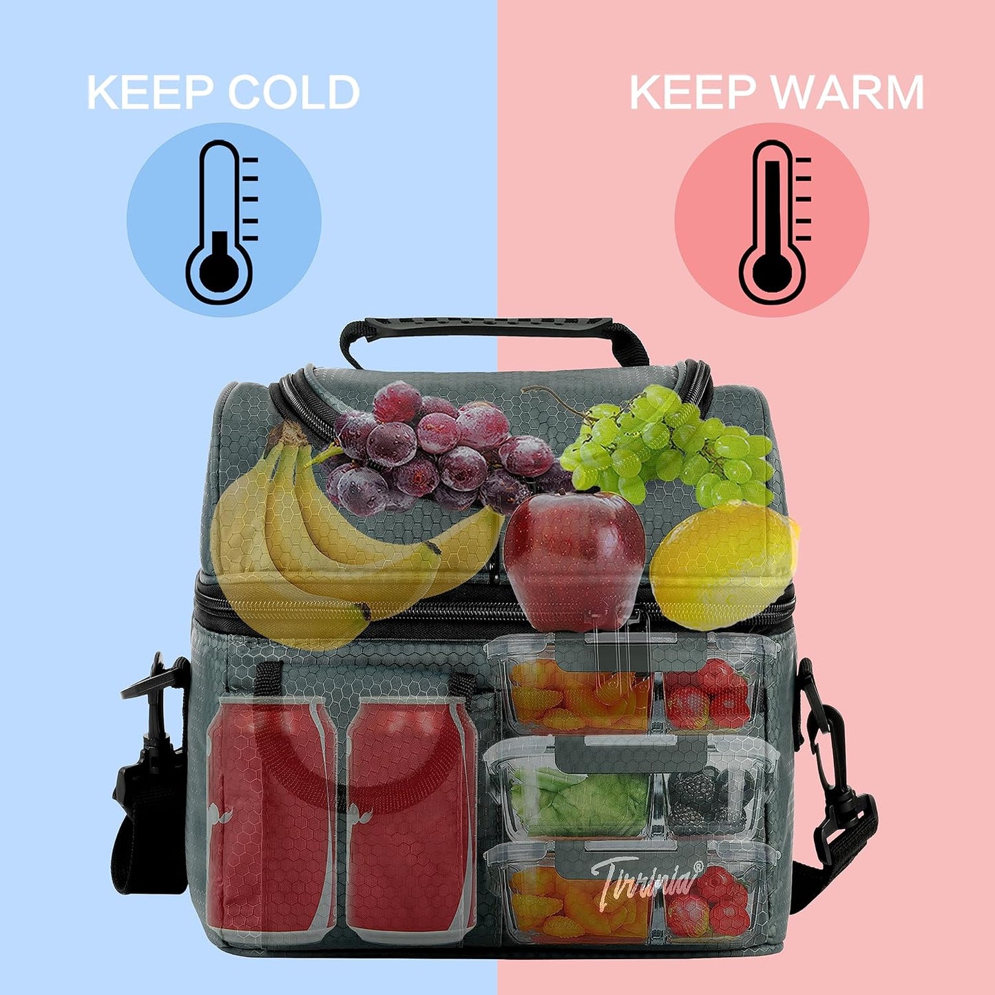 Tirrinia Reusable Lunch Box for Men Women, Insulated Lunch Bag Adult Work, Double Decker Leakproof Lunchbox for Office Picnic Beach—Dual Compartment Lunch Cooler Bag